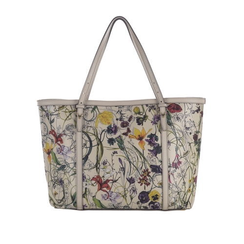 374 - Gucci, a Floral Horizontal tote, designed with a cream leather exterior featuring a detailed floral ... 