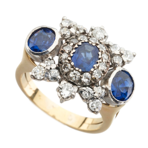 38 - A mid 20th century 18ct gold sapphire and old-cut diamond cluster dress ring, estimated total sapphi... 