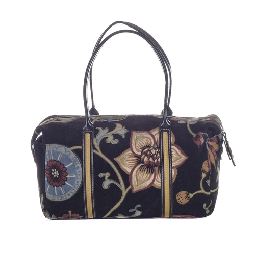 402 - Longchamp, a floral velvet handbag, designed with a floral patterned black velvet exterior and black... 