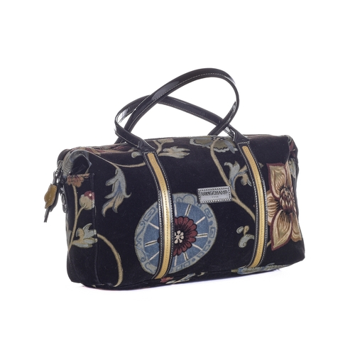 402 - Longchamp, a floral velvet handbag, designed with a floral patterned black velvet exterior and black... 