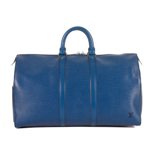 420 - Louis Vuitton, a blue epi Keepall 45 luggage bag, featuring a blue textured leather exterior and smo... 