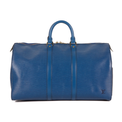 420 - Louis Vuitton, a blue epi Keepall 45 luggage bag, featuring a blue textured leather exterior and smo... 