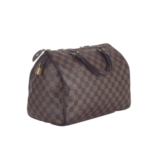 423 - Louis Vuitton, a damier Speedy 30 handbag, designed with a damier canvas exterior, smooth brown leat... 