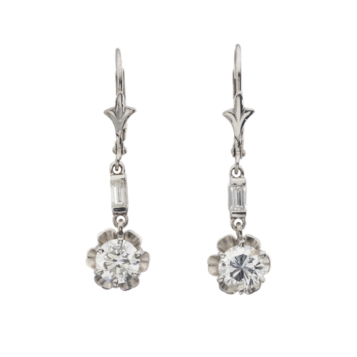 44 - A pair of brilliant-cut diamond drop earrings, with rectangular-shape diamond surmount, estimated to... 