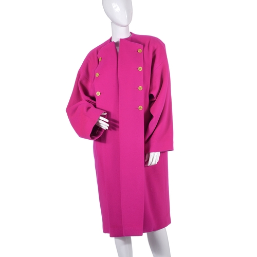 460 - Patrick Kelly, a 1980s fuchsia pink wool/cashmere coat, adorned with fancy gold-tone button details ... 