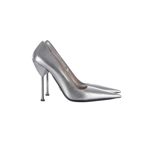 464 - Prada, a pair of silver stiletto heels, featuring silver saffiano leather uppers, with a pointed toe... 