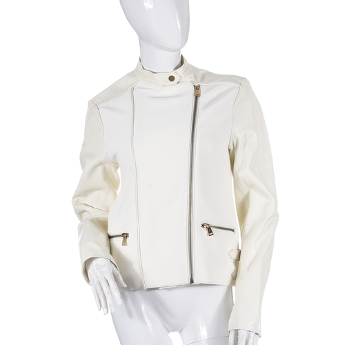 467 - Ralph Lauren black label, a cream biker jacket, featuring a ribbed textile exterior with cream leath... 