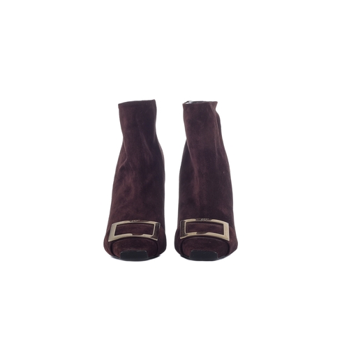 470 - Roger Vivier, a pair of unworn ankle boots, crafted from burgundy suede, featuring the maker's signa... 