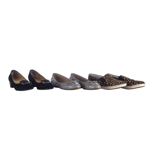 472 - Russell & Bromley, three pairs of shoes, to include a pair of leopard patterned pony hair Skater sli... 