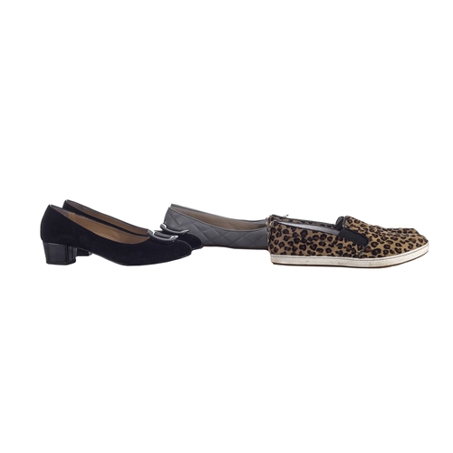 472 - Russell & Bromley, three pairs of shoes, to include a pair of leopard patterned pony hair Skater sli... 