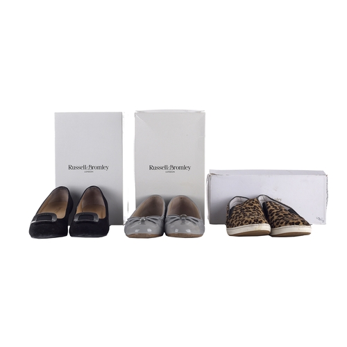 472 - Russell & Bromley, three pairs of shoes, to include a pair of leopard patterned pony hair Skater sli... 