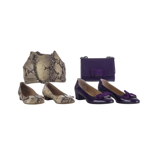 474 - Russell & Bromley, two bags with matching shoes, to include a natural snakeskin handbag with matchin... 