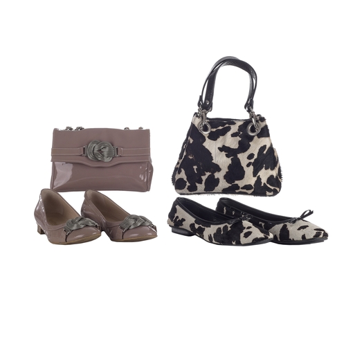 475 - Russell & Bromley, two bags with matching shoes, to include a black and white printed pony hair hand... 