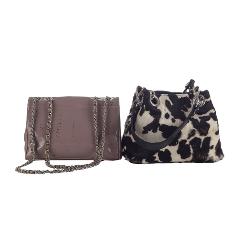 475 - Russell & Bromley, two bags with matching shoes, to include a black and white printed pony hair hand... 