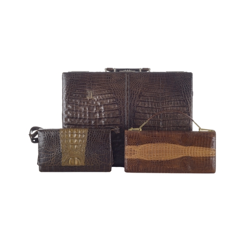 492 - A selection of vintage hornback crocodile bags, to include two handbags and a structured briefcase, ... 