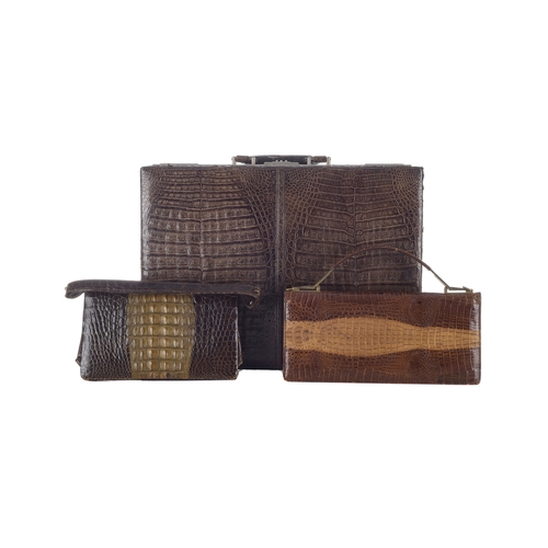 492 - A selection of vintage hornback crocodile bags, to include two handbags and a structured briefcase, ... 