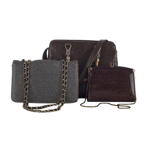 493 - Three handbags, to include a glittery fabric flap bag Russell & Bromley, a khaki ostrich handbag wit... 