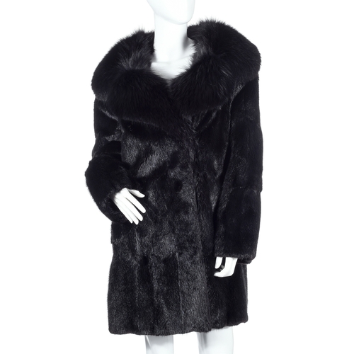 513 - A black musquash fur coat with fox fur collar, designed with a notched lapel fox fur collar, hook an... 