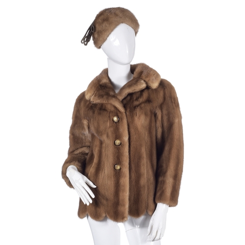 526 - A pastel mink jacket and hat, featuring a scalloped hem, a notched lapel collar, hook and eye fasten... 