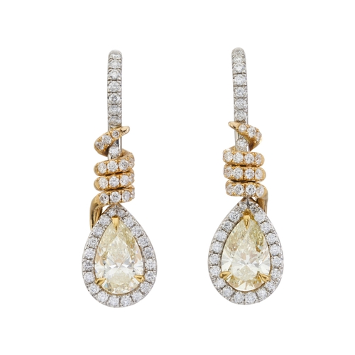 53 - A pair of 18ct gold pear-shape yellow diamond and diamond cluster drop earrings, with brilliant-cut ... 