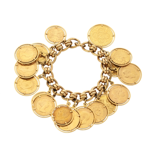 55 - An 18ct gold curb-link bracelet, suspending a series of seventeen gold World coin charms, stamped 75... 