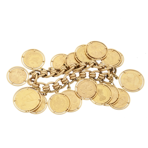 55 - An 18ct gold curb-link bracelet, suspending a series of seventeen gold World coin charms, stamped 75... 