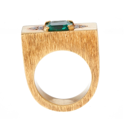 57 - An 18ct gold emerald dress ring, with brilliant-cut diamond trefoil sides and textured band, estimat... 