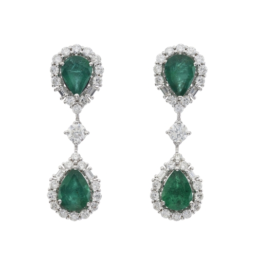 58 - A pair of 18ct gold emerald and vari-cut diamond pear-shape cluster drop earrings, with similarly-se... 