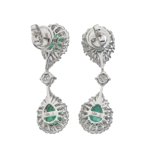 58 - A pair of 18ct gold emerald and vari-cut diamond pear-shape cluster drop earrings, with similarly-se... 