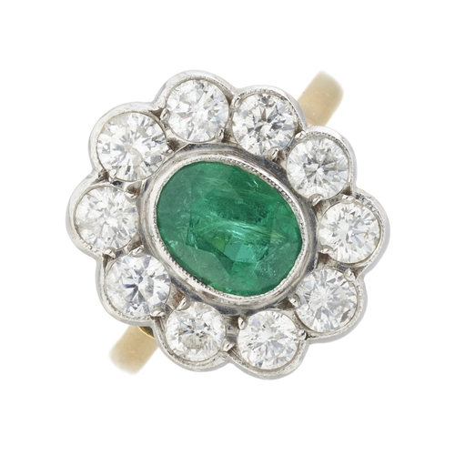 59 - An 18ct gold emerald and brilliant-cut diamond cluster ring, emerald estimated weight 1.40ct, estima... 