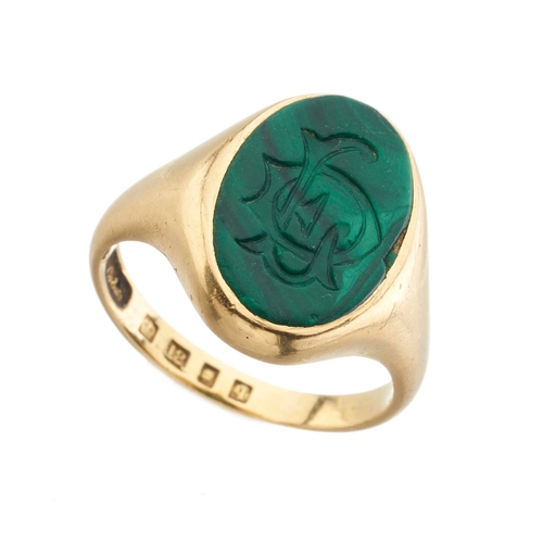 6 - A mid Victorian 18ct gold malachite intaglio seal signet ring, hallmarks for London 1871, ring size ... 