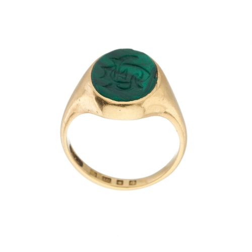 6 - A mid Victorian 18ct gold malachite intaglio seal signet ring, hallmarks for London 1871, ring size ... 