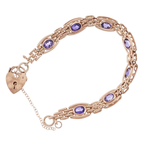 61 - A 9ct gold amethyst gate bracelet, with heart-shape padlock clasp, hallmarks for Birmingham 1996, le... 