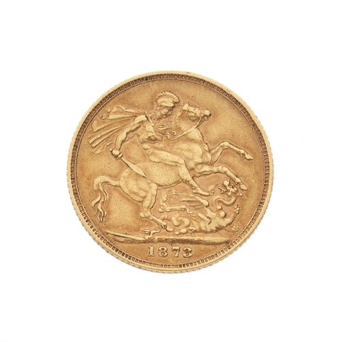 62 - Victoria, a gold full sovereign coin, dated 1873, diameter 2.2cm, 7.9g