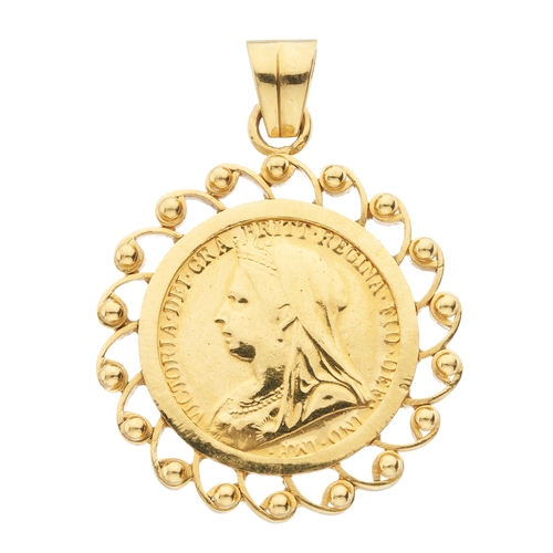 63 - Victoria, a gold full sovereign coin, dated 1900, mounted as a yellow metal pendant, with bead accen... 