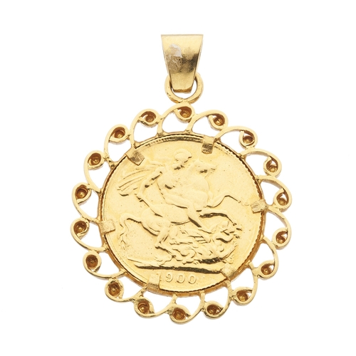 63 - Victoria, a gold full sovereign coin, dated 1900, mounted as a yellow metal pendant, with bead accen... 