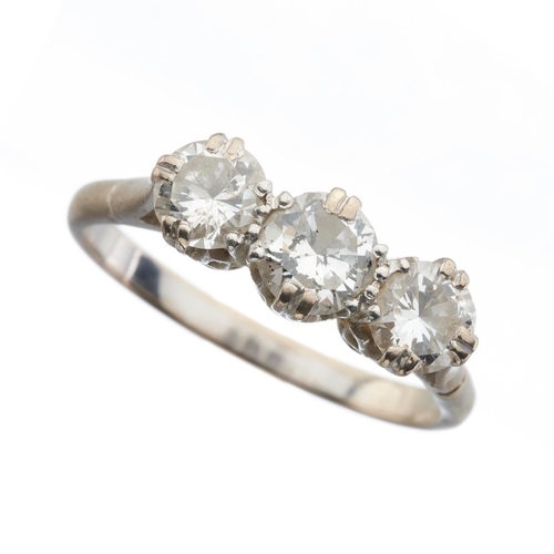 65 - A mid 20th century brilliant-cut diamond three-stone ring, estimated total diamond weight 1.20ct, H-... 