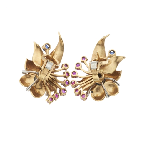 71 - A pair of mid 20th century 18ct gold ruby, sapphire and single-cut diamond floral earrings, length 2... 