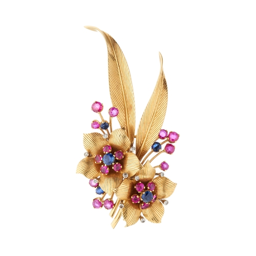 72 - A mid 20th century 18ct gold sapphire, ruby and single-cut diamond floral spray brooch, length 7.5cm... 