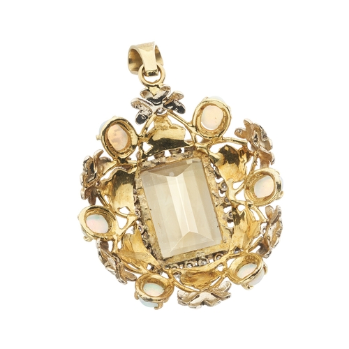 73 - A mid 20th century 18ct gold citrine, single-cut diamond and opal cabochon pendant, citrine estimate... 