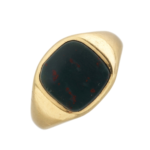 74 - A mid 20th century 18ct gold bloodstone cabochon signet ring, hallmarks for Birmingham 1963, ring si... 