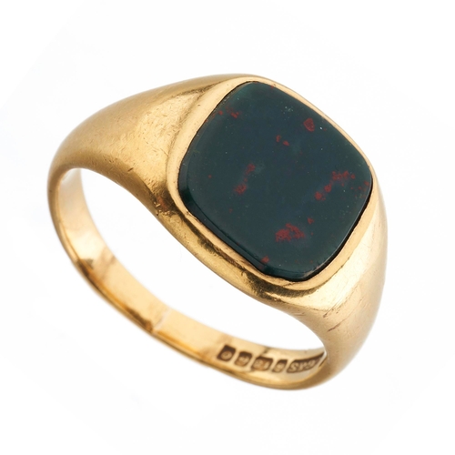 74 - A mid 20th century 18ct gold bloodstone cabochon signet ring, hallmarks for Birmingham 1963, ring si... 