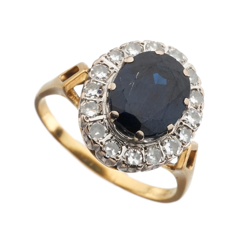 77 - A mid 20th century 18ct gold sapphire and single-cut diamond cluster ring, sapphire estimated weight... 