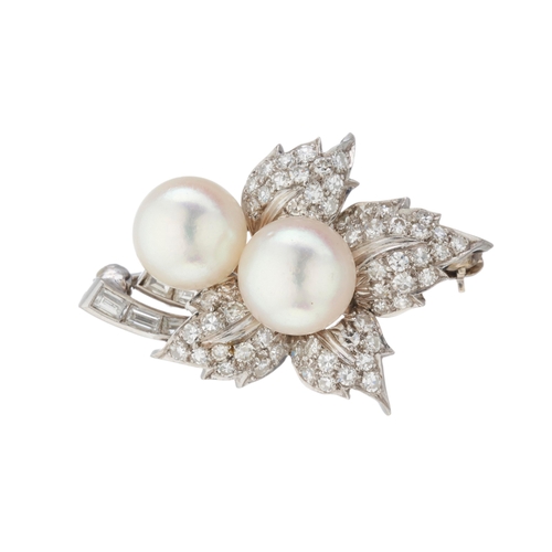 79 - A mid 20th century platinum cultured pearl and single-cut diamond foliate brooch, pearls measure app... 