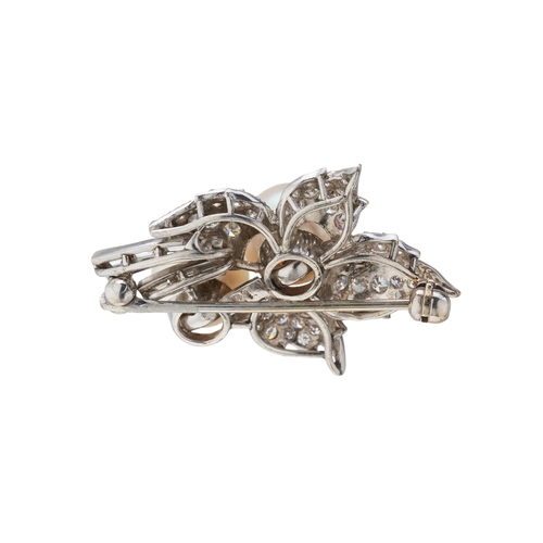 79 - A mid 20th century platinum cultured pearl and single-cut diamond foliate brooch, pearls measure app... 