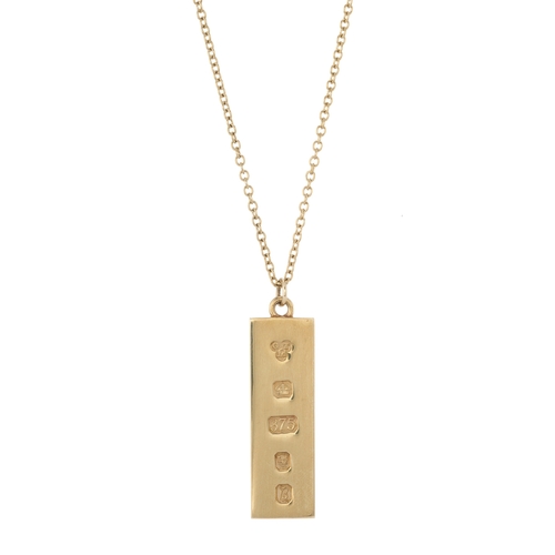 82 - A 9ct gold ingot pendant, suspended from a 9ct gold chain, hallmarks for London 1976, length of pend... 