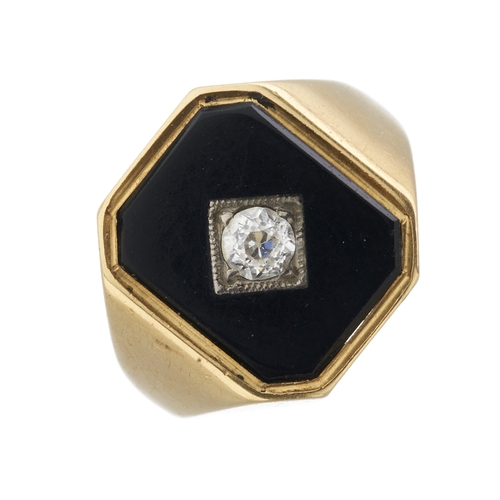 83 - A mid 20th century 18ct gold old-cut diamond accent onyx signet ring, diamond estimated weight 0.15c... 