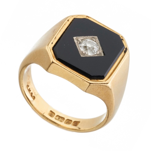 83 - A mid 20th century 18ct gold old-cut diamond accent onyx signet ring, diamond estimated weight 0.15c... 