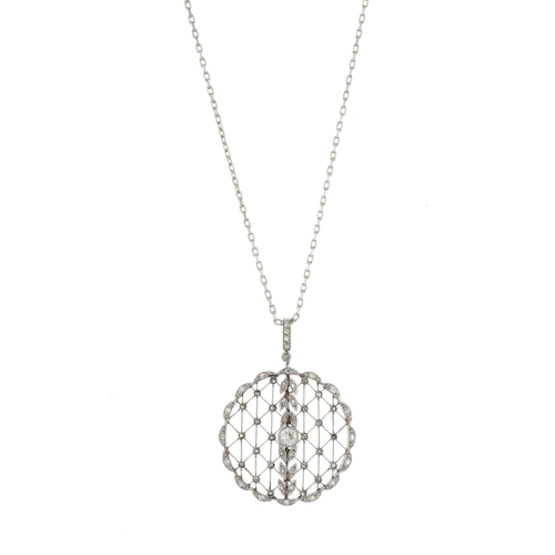 85 - A Belle Epoque old and rose-cut diamond openwork lattice pendant, suspended from a platinum trace-li... 