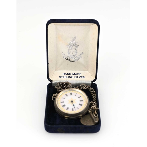 105 - A white metal fob watch, case number 357621, Swiss convention marks, with white paillonné enamel dia... 